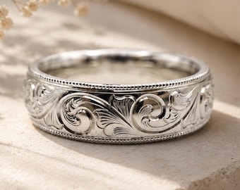 Hand Engraved Silver Floral Wedding Band, Vintage Minimalist Ring