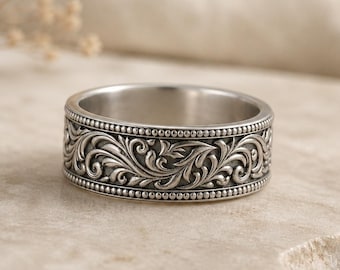 Vintage Floral Engraved Silver Ring, Wide Band Statement Ring, Antique Style Boho Jewelry