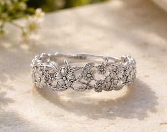 Floral Vine Silver Ring, Nature Inspired Botanical Band, Cottagecore Jewelry
