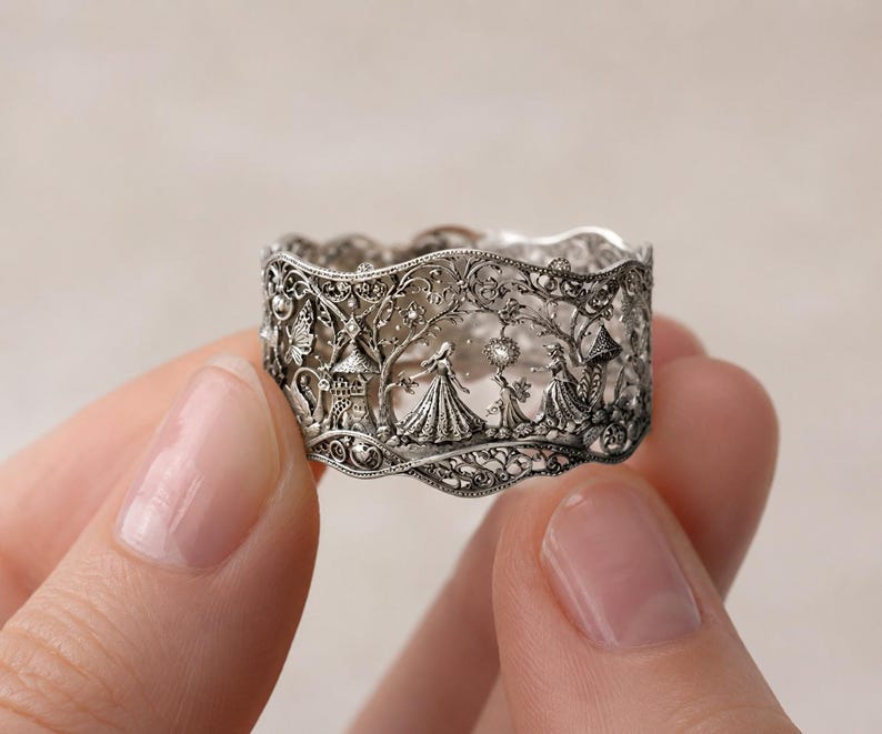 May include: A wide silver band ring featuring intricate filigree metalwork. The surface displays a detailed relief scene of figures in gowns, small structures, and foliage, with a scalloped top and bottom edge and an oxidized finish.