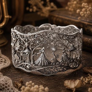 May include: A silver-toned metal cuff bracelet featuring an intricate openwork design. The surface displays a detailed relief scene with figures in long dresses, trees, a small structure, and a butterfly, all set against a filigree background.