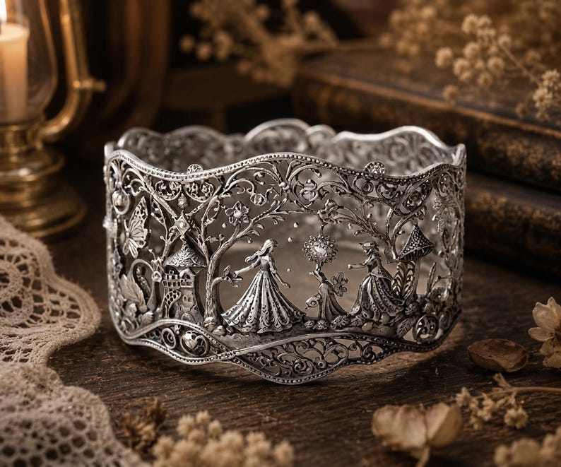 May include: A silver-toned metal cuff bracelet featuring an intricate openwork design. The surface displays a detailed relief scene with figures in long dresses, trees, a small structure, and a butterfly, all set against a filigree background.