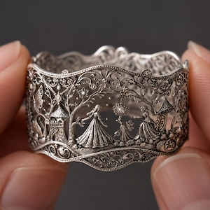 May include: A wide silver ring featuring intricate filigree metalwork. The band displays a detailed relief scene of figures in flowing gowns, trees, a small tower, and floral elements, all crafted with a delicate, openwork cutout design.