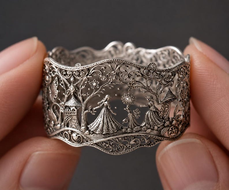 May include: A wide silver ring featuring intricate filigree metalwork. The band displays a detailed relief scene of figures in flowing gowns, trees, a small tower, and floral elements, all crafted with a delicate, openwork cutout design.