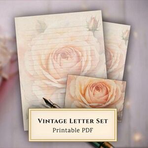 May include: A vintage letter set featuring a watercolor rose design. The set includes lined stationery, a matching card, and a pen. The text "Vintage Letter Set Printable PDF" is displayed on a cream-colored label.