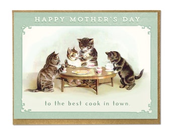 Happy Mother's Day to the Best Cook in Town; Mother's Day Card; Cute Vintage Mother's Day Card; Cats and Kittens; Victorian Cats