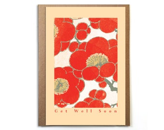 Red Flowers Get Well Card; Vintage Japanese Print; Unique Vintage Public Domain Get Well Soon Card; Sweet Get Well; Cheerful Get Well