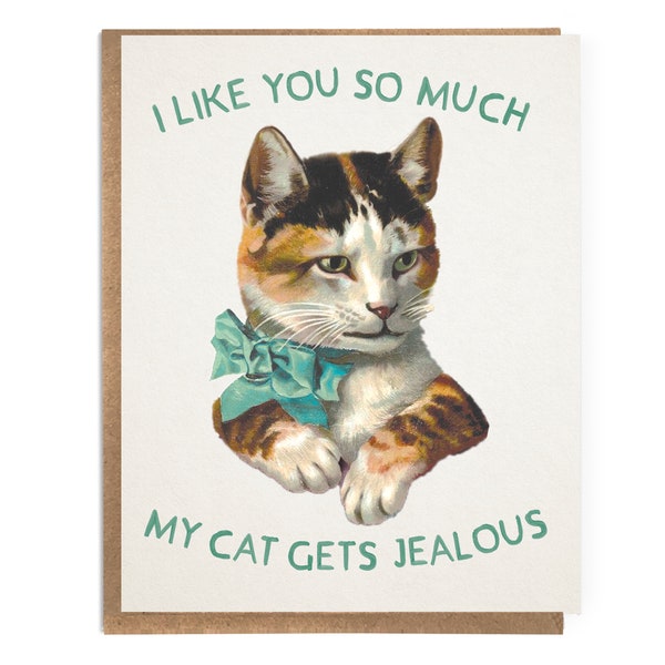 I Like You So Much My Cat Gets Jealous; Cute Friendship Card, Romantic Cat Card; Valentines Card; Anniversary Card; Vintage Cats; Cat Lover