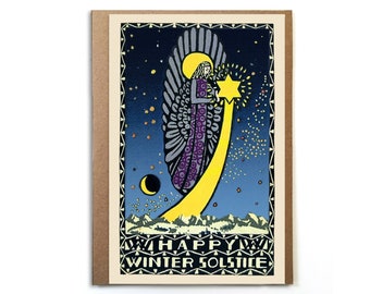 May include: A greeting card with a colorful illustration of an angel holding a star. The background is a dark blue night sky with stars and a crescent moon. The text on the card reads "Happy Winter Solstice".