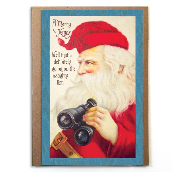 Tarjeta divertida de Papá Noel; Papá Noel mirón - Lista de niños traviesos