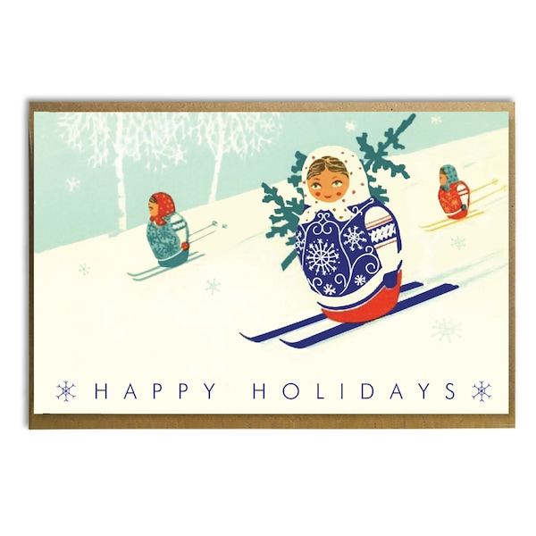 Russian Dolls Skiing; Cute Original Holiday Card; Vintage Russian Image