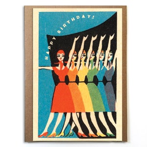 Happy Birthday Ladies; Cute Original Birthday Card; Colorful Unique Birthday Card; Vintage Matchbox Image; Ladies Dancing