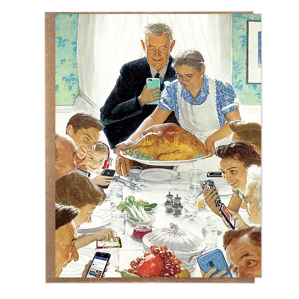 Tarjeta moderna para reuniones navideñas: parodia de Norman Rockwell / Humor de la era digital