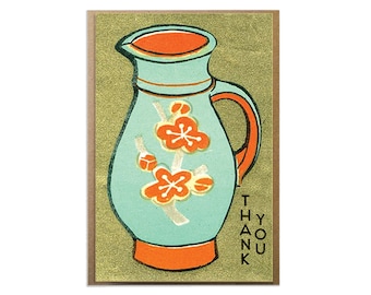 Blue Water Pitcher Thank You; Vintage Style Thank You Card; Original and Beautiful Thank You Card; Vintage Matchbox Cover; Floral