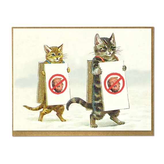Anti-trump Art: Funny Progressive Card of Vintage Cats Protesting - Main Image