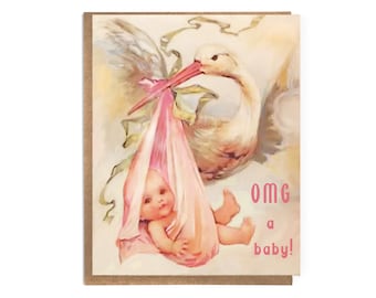 OMG a Baby! Cute New Baby Card; Vintage Card for New Parents; Baby Shower Card; Funny Baby Shower