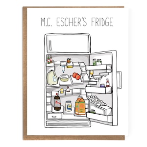 May include: A white refrigerator with the door open, revealing a variety of food items inside, including milk, eggs, apples, and a bottle of wine. The text "M.C. Escher's Fridge" is written above the refrigerator.