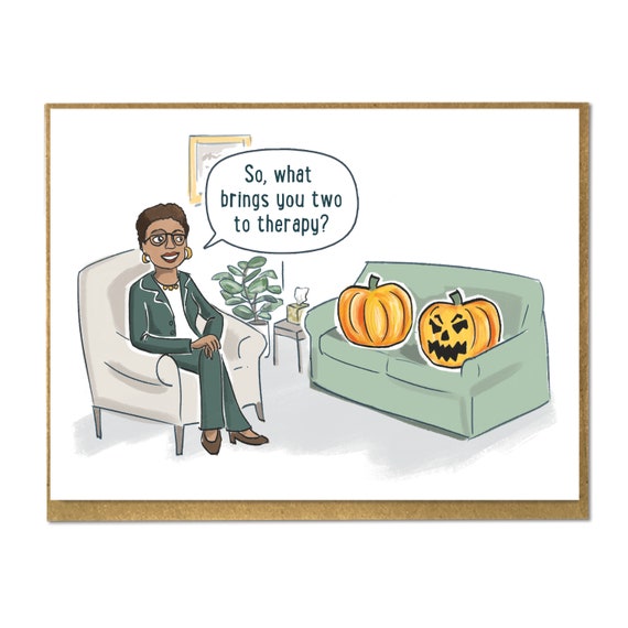 Funny and Cute Halloween Card; Pumpkin Therapy; Halloween Card for Therapist; Psychology Humor; Pumpkin and Jack-O-Lantern in Therapy