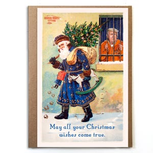 Funny Petite Political Christmas Card: Vintage Santa with Trump in Jail