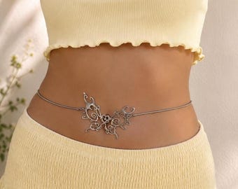 Silver Gothic Butterfly Belly Chain, Y2K Waist Jewelry, Adjustable Body Chain, Minimalist Festival Waist Necklace for Women, Aesthetic Gift