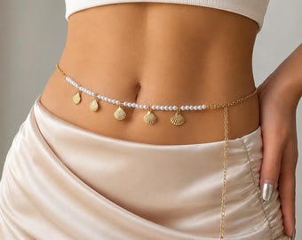 Gold Pearl Shell Waist Chain, Beach Belly Chain, Boho Waist Jewelry, Pearl Body Chain for Women, Summer Bikini Waist Belt Gift