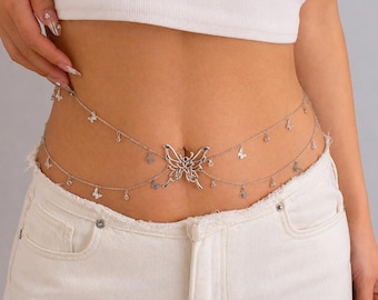 Silver Butterfly Belly Chain, Double Layer Waist Chain, Dainty Body Jewelry, Minimalist Waist Chain, Boho Beach Jewelry, Gift for Her