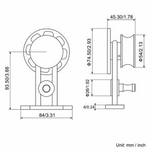 K&ouml;nnte beinhalten: Eine technische Strichzeichnung einer Schiebet&uuml;rrollen-Baugruppe mit zwei Ansichten. Das Diagramm enth&auml;lt pr&auml;zise Ma&szlig;e in Millimetern und Zoll, mit einer Basisbreite von 84 mm, einer Gesamth&ouml;he von 93,50 mm und einem Raddurchmesser von 54 mm.