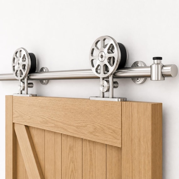Spoked Wheel Barn Door Hardware Kit, Stainless Steel Sliding Track System