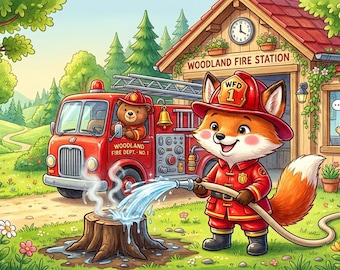 Mural infantil de la estación de bomberos del bosque / Cuadro mural del bombero zorro