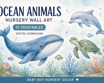 Sea Animals Nursery Wall Mural | Whale Dolphin Turtle Wallpaper | Ocean Nursery Decor |Digital Download