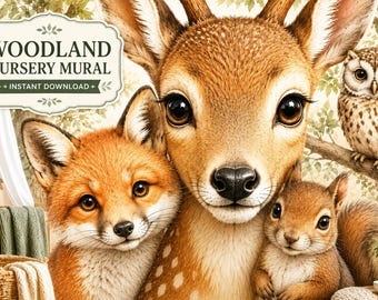 Wald Kinderzimmer Wandbild zum Ausdrucken | Vintage Bilderbuch Wallpaper | Wald Kinderzimmer Dekor | Sofort Download