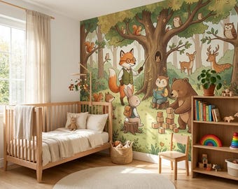 Woodland School Day Nursery Mural | Storybook Forest Animals Wallpaper