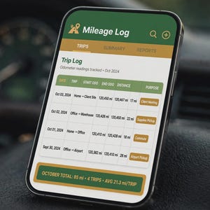 Puede incluir: Un teléfono inteligente que muestra una aplicación de registro de kilometraje con un encabezado verde y una tabla que rastrea viajes, fechas, lecturas del odómetro, distancias en millas y propósitos. La pantalla muestra datos de octubre 2024.