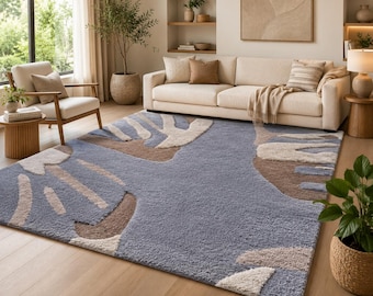 Abstract Botanical Tufted Rug, Organic Flora Area Rug in Slate Blue, Slate & Sand Abstract Interior, Cozy and Textured.