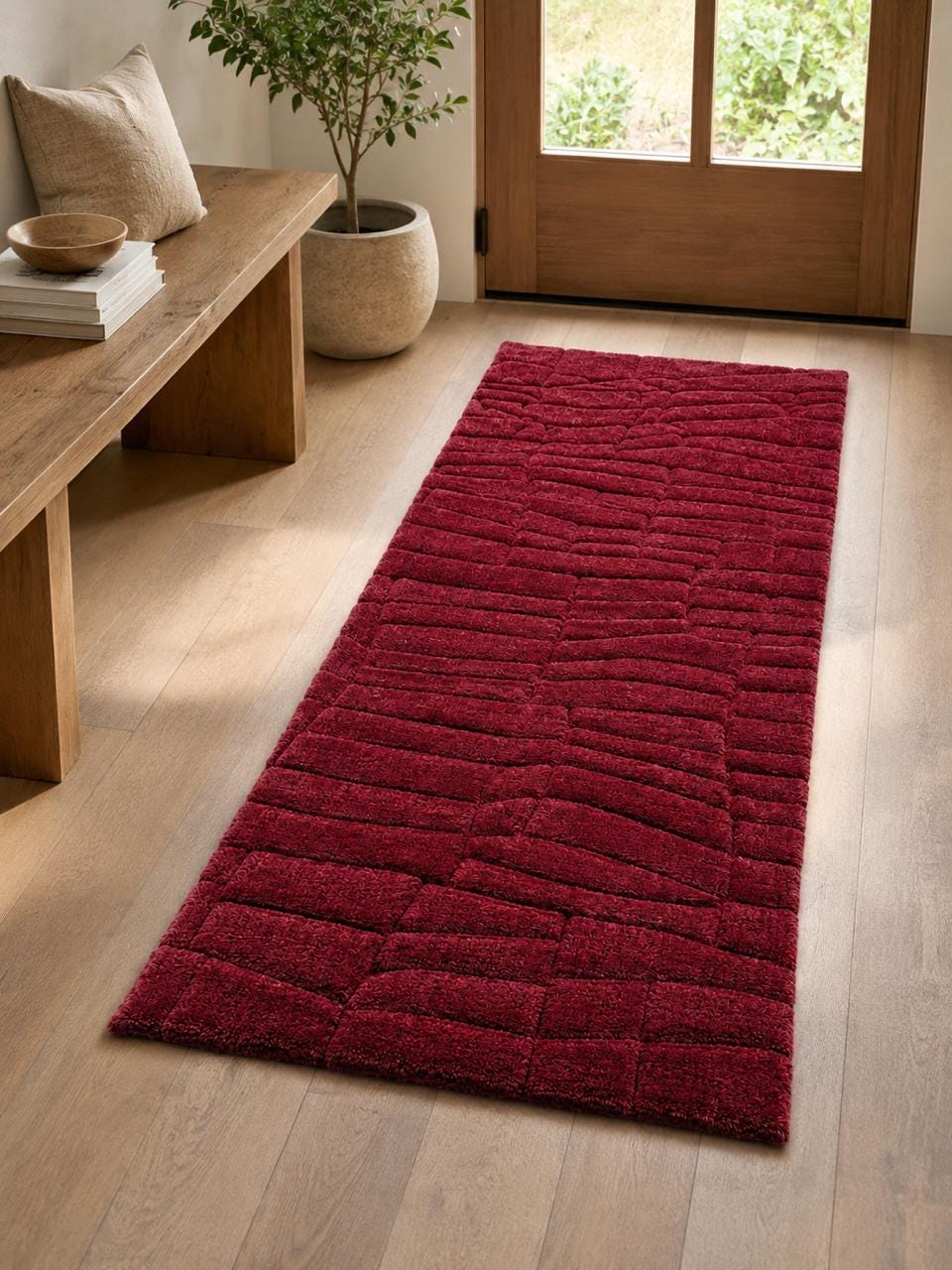 Crimson Ridge Carved Geometric Plush Hallway Runner Rug