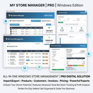 Könnte beinhalten: My Store Manager Pro Windows Edition Software-Oberfläche mit mehreren Dashboard-Bildschirmen für Produktverwaltung, Kundenlisten, Verkaufsberichte und Rechnungserstellung in blau-weißer Farbgebung mit verschiedenen Finanzdaten.