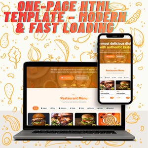 Może przedstawiać: Laptop i smartfon wyświetlające szablon strony internetowej restauracji z tekstem ONE-PAGE HTML TEMPLATE - MODERN & FAST LOADING. Ekrany pokazują interfejs menu z obrazami burgerów, pizzy oraz tekstem, w tym Restaurant Menu.
