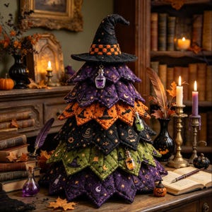 Peut inclure: Un sapin décoratif en tissu matelassé composé de couches violettes, orange, noires et vertes avec des motifs de chapeaux de sorcière, d'étoiles et de lunes. Il est surmonté d'un chapeau de sorcière noir et orné de petites fioles en verre.