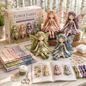 May include: A Flower Fairies Patchwork Fairy DIY Kit including a box, four fabric fairy dolls, stacked fabric panels, a step-by-step instruction book, embroidery thread, small flower embellishments, a pincushion, and metal scissors.