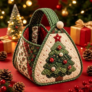 Op de afbeelding: Een driehoekige, doorgestikte stoffen mand met een groene kerstboomapplicatie versierd met rode en witte ornamenten op een crèmekleurige achtergrond. De mand heeft een groen handvat met witte stippen en zijpanelen met rood-groene bloemmotieven.