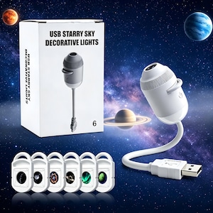 May include: A white USB starry sky decorative light projector with a flexible cable and a USB-A connector. The packaging box displays the product name and image, accompanied by six small white square projection lens slides featuring space imagery.