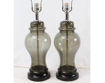60s/70s Smoked Black Glass & Chrome Ginger Jar Vintage Table Lamps Pair