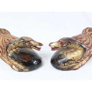 Chinese 20th C. Vintage Large 13.5” Hand Carved Wood Gilt Lacquered Duck Pair Sculpture