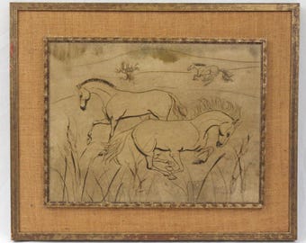 Charles Malcolm Campbell 1960's Line Drawing Oil Painting Listed Artist Horses