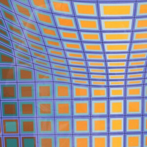 May include: Abstract pattern with a grid of squares and rectangles in shades of orange, teal, and brown against a blue background. The design has a curved, wave-like appearance, creating a sense of depth and movement. The overall aesthetic is modern and geometric.