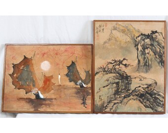 Vintage 50's Chinese Ink 16x21 Silk Painting Pair Junk Ship Seascape Landscape Signed