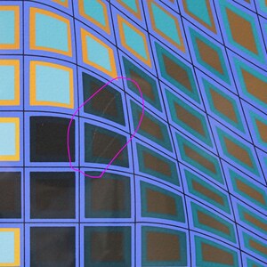May include: Abstract geometric artwork featuring a repeating pattern of squares and diamonds. The design incorporates a palette of blue, teal, brown, and gold, with black outlines. The pattern appears to curve, creating a sense of depth.