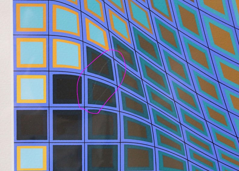 May include: Abstract geometric artwork featuring a repeating pattern of squares and diamonds. The design incorporates a palette of blue, teal, brown, and gold, with black outlines. The pattern appears to curve, creating a sense of depth.