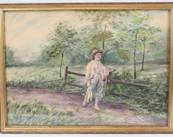 Signed Charles Fisher c 1900 Antique Painting 16x22 Boy Fishing Country Folk Art