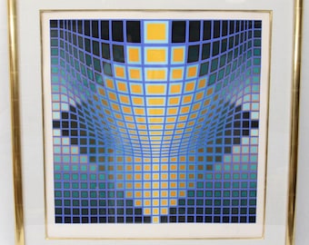 Victor Vasarely Large Signed Serigraph Print Op Art 28/250 Blue & Yellow